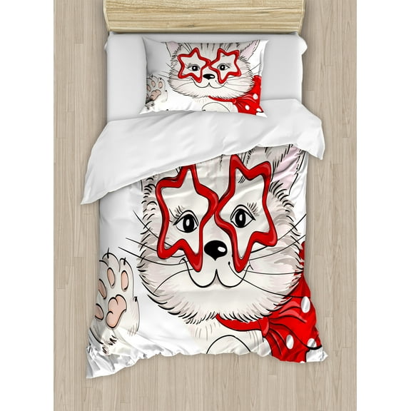 Cat Duvet Cover Set, Fashion Portrait Hipster Cat with Star Shaped Glasses and Bow I Love Kitty, Decorative 2 Piece Bedding Set with 1 Pillow Shams, Twin Size, Pale Pink Beige and Red, by Ambesonne