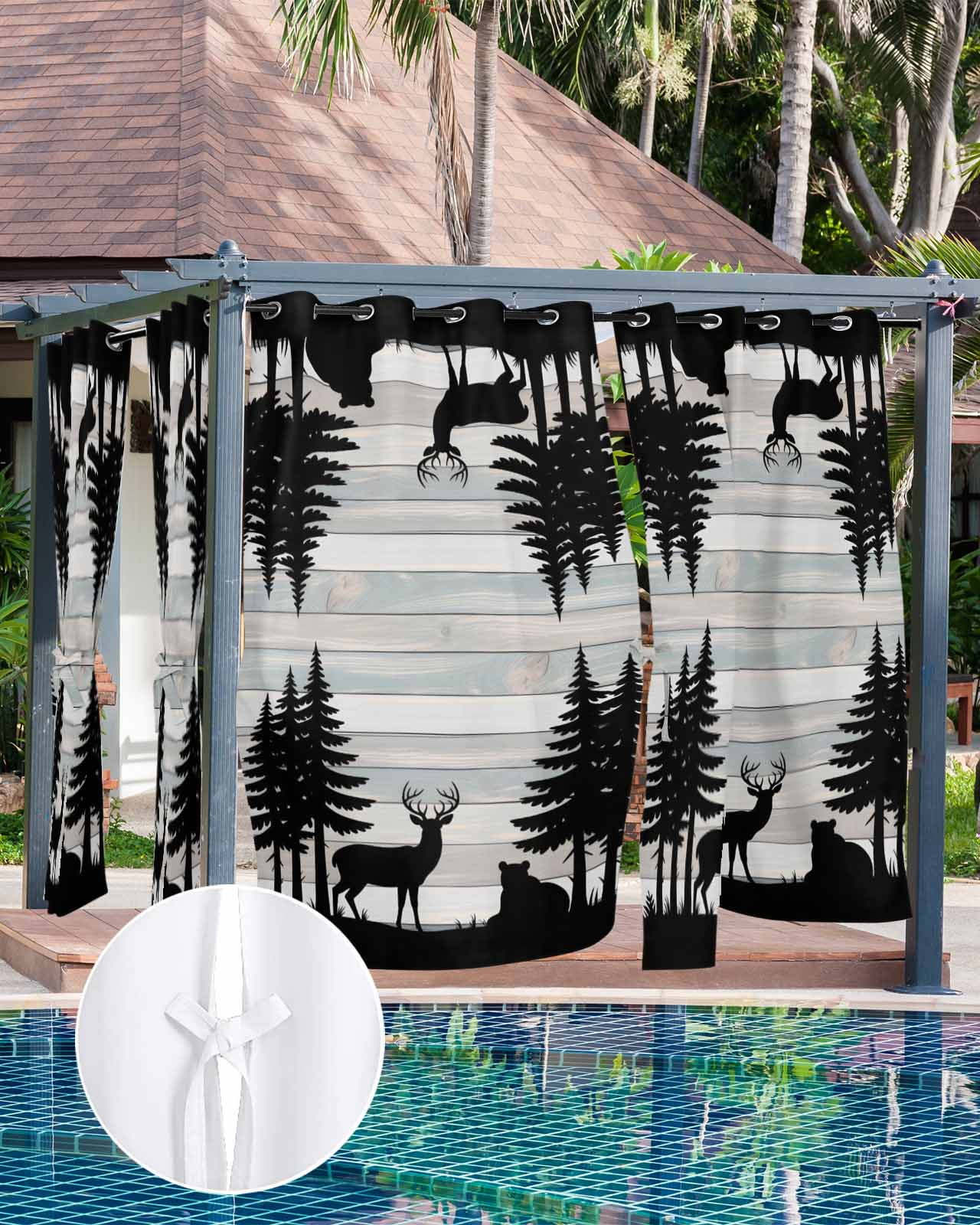 Forest Bear Outdoor Curtains for Patio, Silhouette Elk Stripes Tree Wood Grain Privacy Drapes Grommet Waterproof Outside Curtains for Porch/Cabana/Balcony 54"x 108", 2 Panel