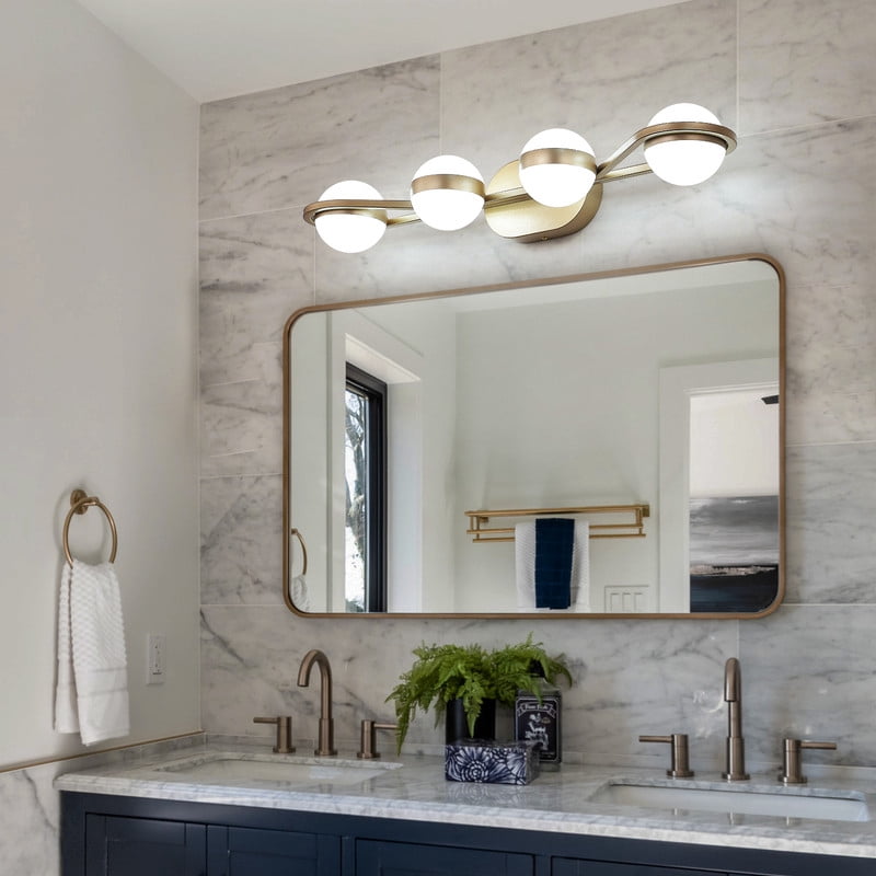 28" Gold 4-Light LED Bathroom Vanity Light Fixture, Modern Wall Mounted Lighting with Crystal Sand Acrylic Shades, Bathroom Light Fixtures Over Mirror for Vanity, Bedroom, Powder Room