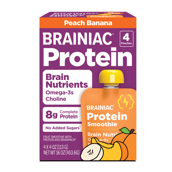 Brainiac Protein Smoothies with Omega-3s, Peach Banana, No Sugar Added, 4 oz, 4ct