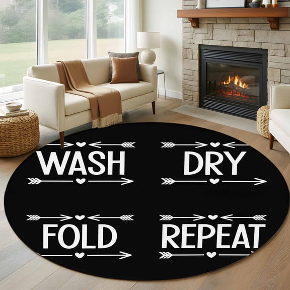 Laundry Round Area Rug 8Ft Washable Large Circle Rugs for Living Room Dorm, Funny Wash Dry Fold Minimalist Text Black Non-Slip Carpet Floor Mats Indoor Outdoor Carpet Runner Aesthetic Home Decor
