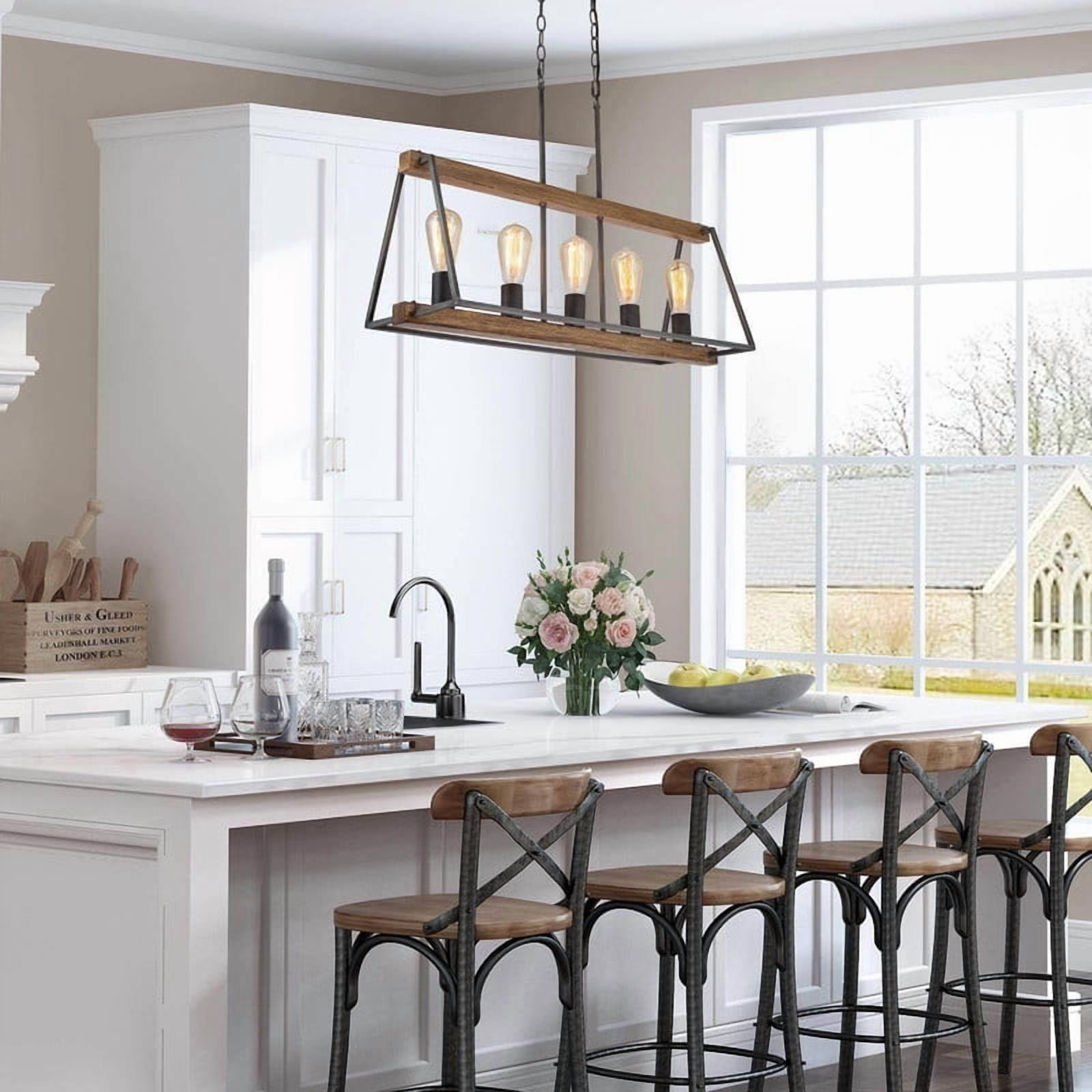 LNC Musleisynin 5-Light Linear Island Light with Faux Wood Accents and Brushed Silver Frame