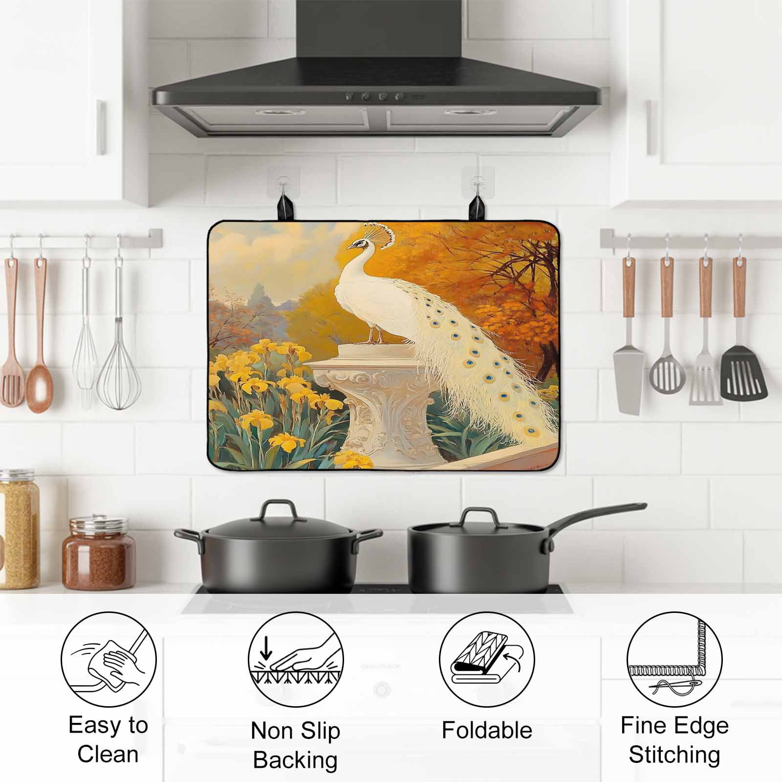 White Peacock Elegant Stove Top Cover for Electric Stove, Heat-proof & Non Slip Glass Top Stove Cover Protector, Vintage Garden Floral Botanical Kitchen Flat Cooktop Rubber Mat 24x21 Inches