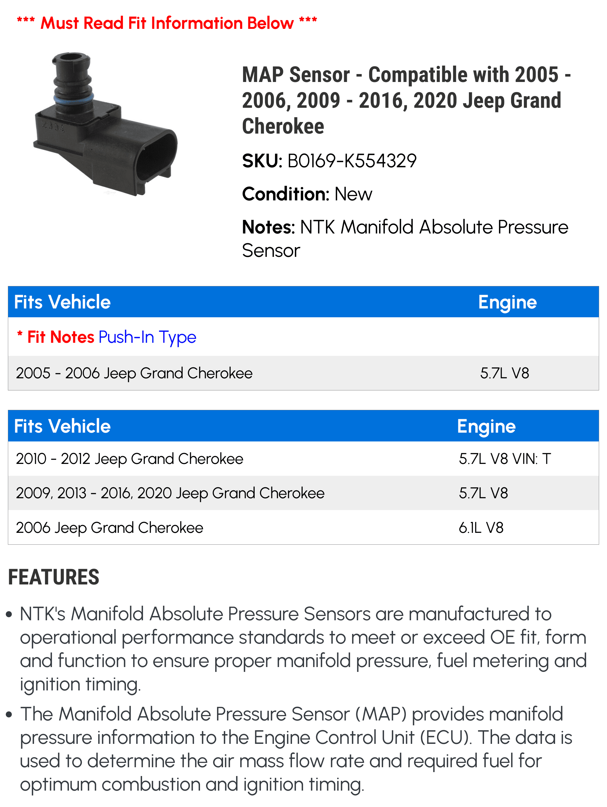 MAP Sensor - Compatible with 2005 - 2006, 2009 - 2016, 2020 Jeep Grand Cherokee 2010 2011 2012 2013 2014 2015