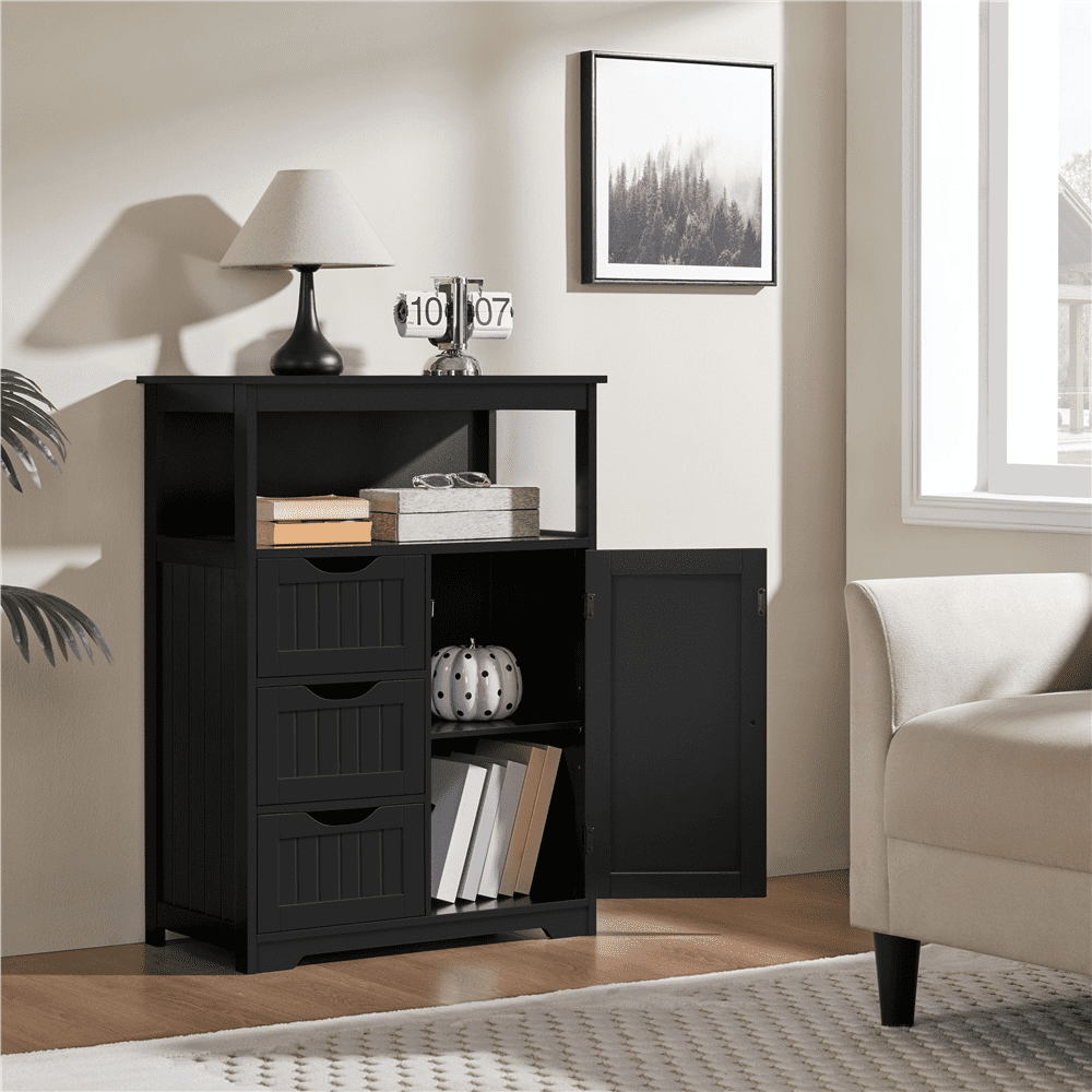 Alden Design 35.5" Height Bathroom Floor Cabinet with 1 Door and 3 Drawers, Black