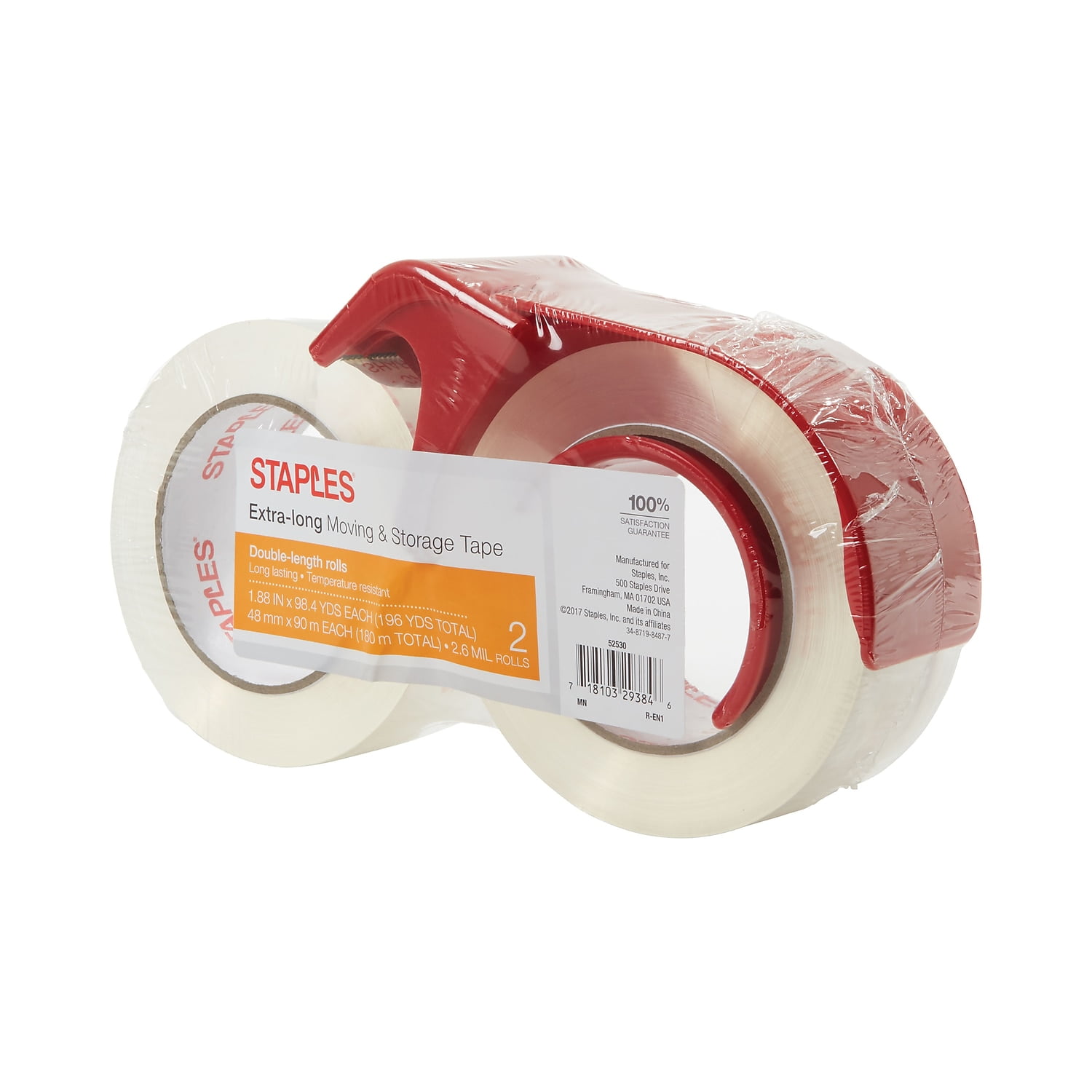Staples Long Lasting Storage Tape with Dispenser 1.88' x 98 Yds Clear 2/RL 504405