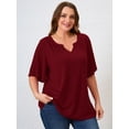 thumbnail image 5 of SHOWMALL Women's Plus Szie Tops V Neck Loose Fit Short Sleeve Wine Red 1X Casual Blouse for Summer Relaxed Style Shirts Everyday Wear Outfit, 5 of 6