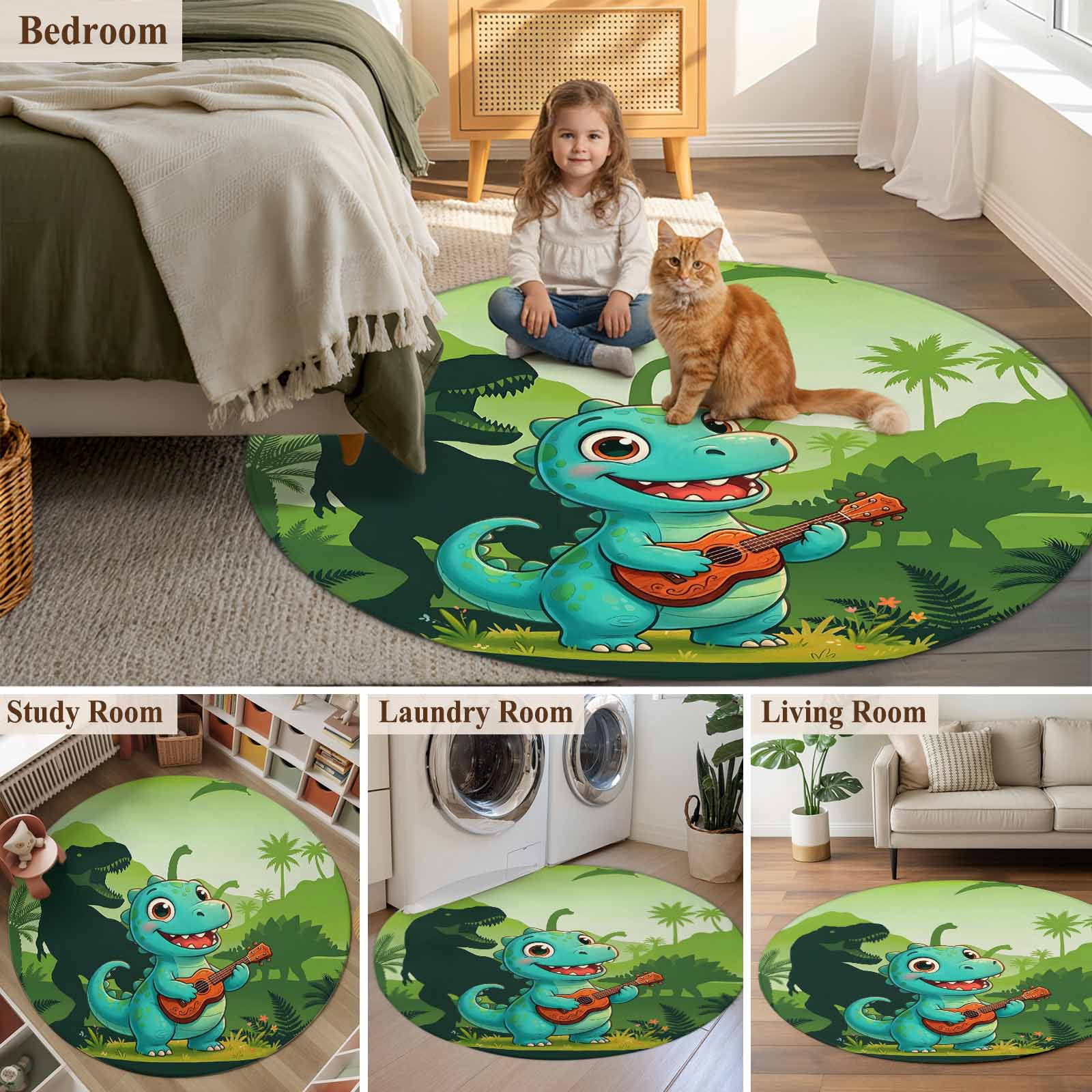 Funny Dinosaur Round Area Rug 6Ft Washable Circle Rugs for Bathroom Office, Playing Guitar Palm Tropical Green Silhouette Non-Slip Carpet Floor Mats Indoor Outdoor Carpet Runner Aesthetic Home Decor