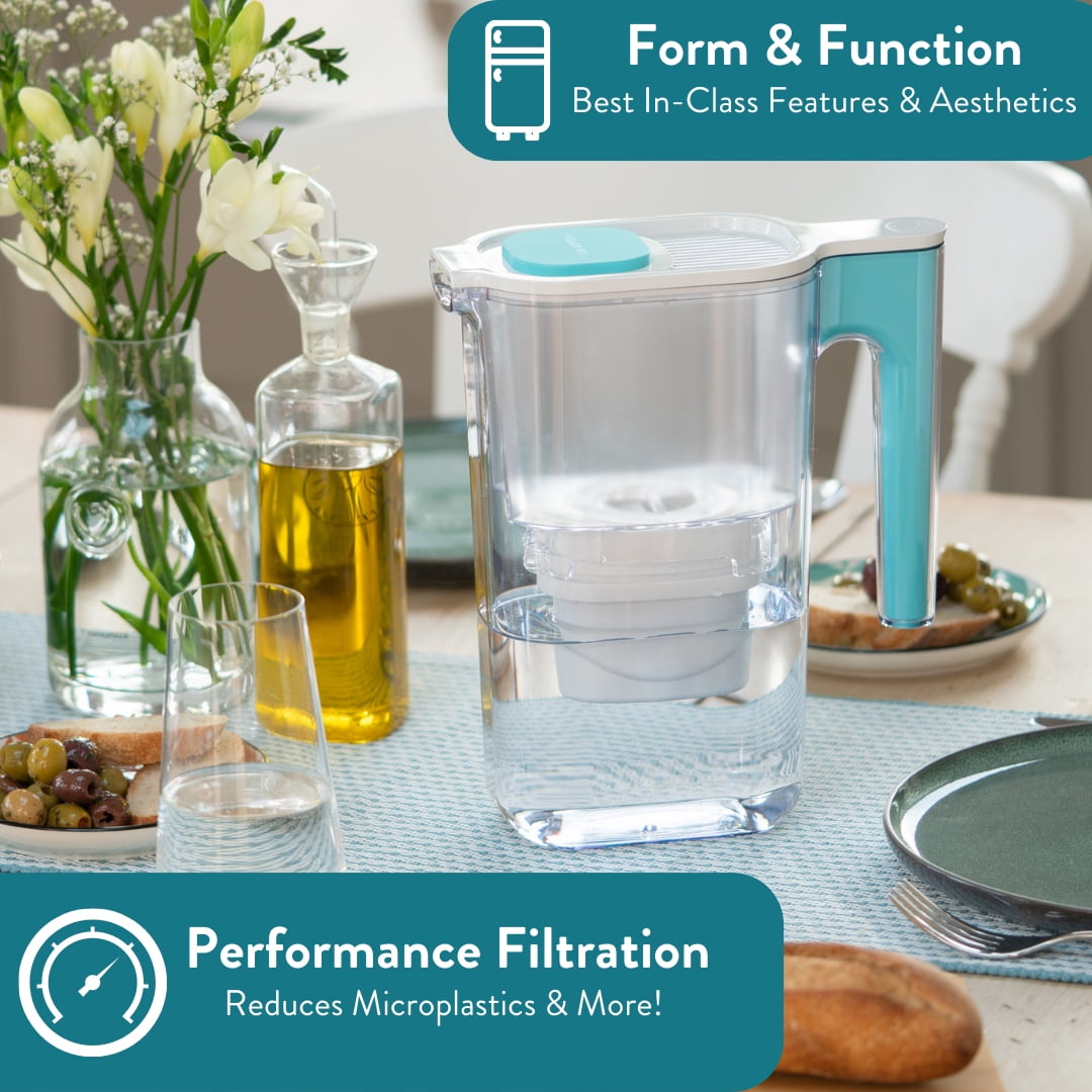 Perfect Pour 6 Cup Water Filter Pitcher by Aqua Optima, Ergonomic, Eliminates Splashes and Spills, BPA Free, WQA Certified, includes 3 Evolve+ Water Filters, Teal