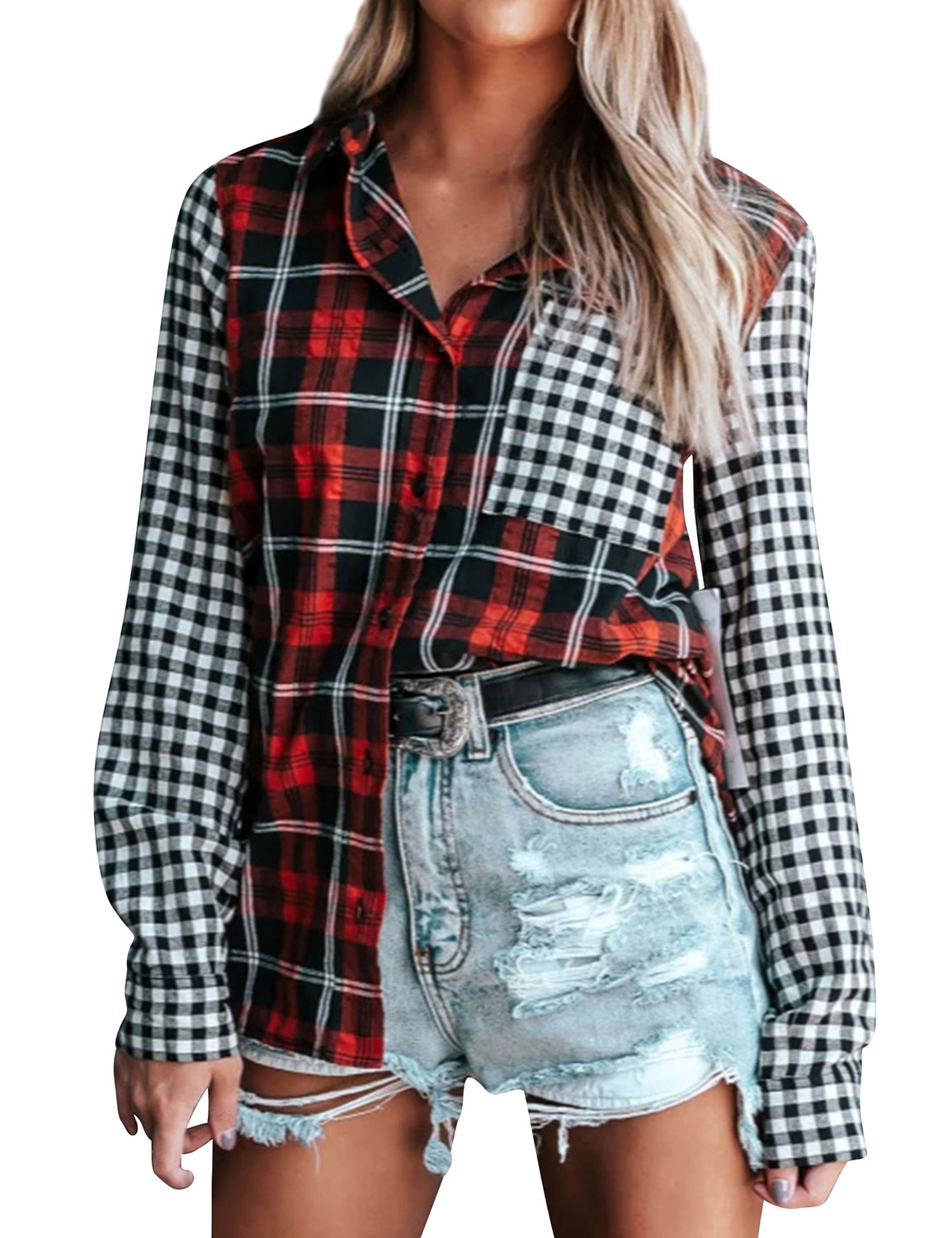 Women Checkered Lapel Collar Contrast Color Single-Breasted Top - image 2 of 3