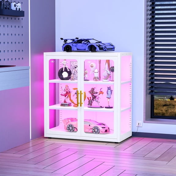 Ero 34" Tall Display Cabinet with Glass Doors and Lights for Collectibles, Books, Bags, Toys, Glass Display Case, Storage Cabinets, White