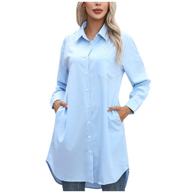 aidice Shirts for Women Casual Lapel Neck Long Sleeve Button up Blouses Fall Solid Color Tops Pockets