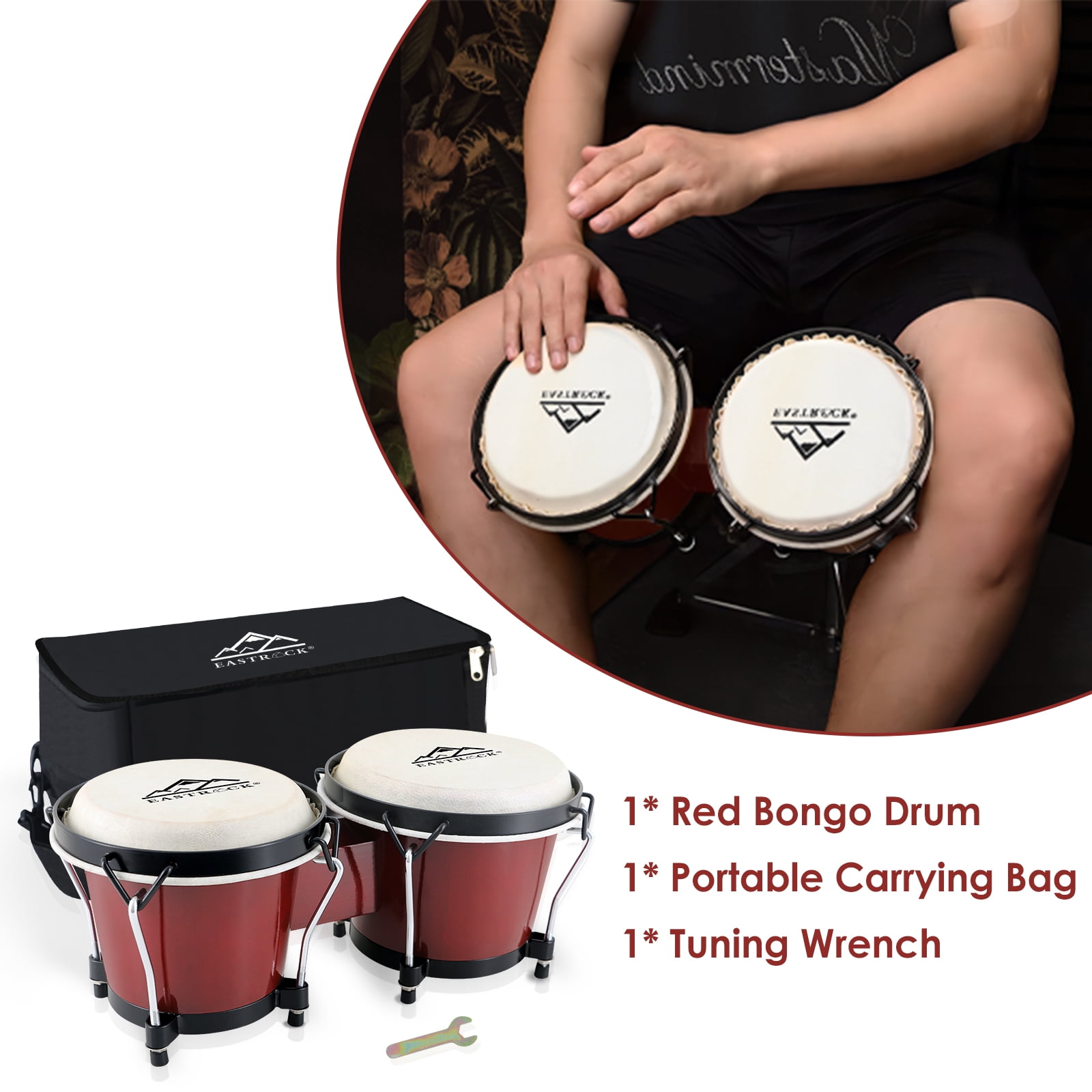 EASTROCK Bongo Drum 6” and 7” Bongos Set for Adults Kids Beginners Professionals Tunable Wood and Metal Drum Percussion Instruments with Bag and Tuning Wrench（Red)