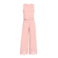 thumbnail image 7 of Women 2 Piece Lace Matching Outfit Set, Sleeveless Round Neck Lace Crop Top High Waist Wide Leg Pants with Floral Hollow Hem Casual Party Vacation Tracksuit Pink S(S), 7 of 7