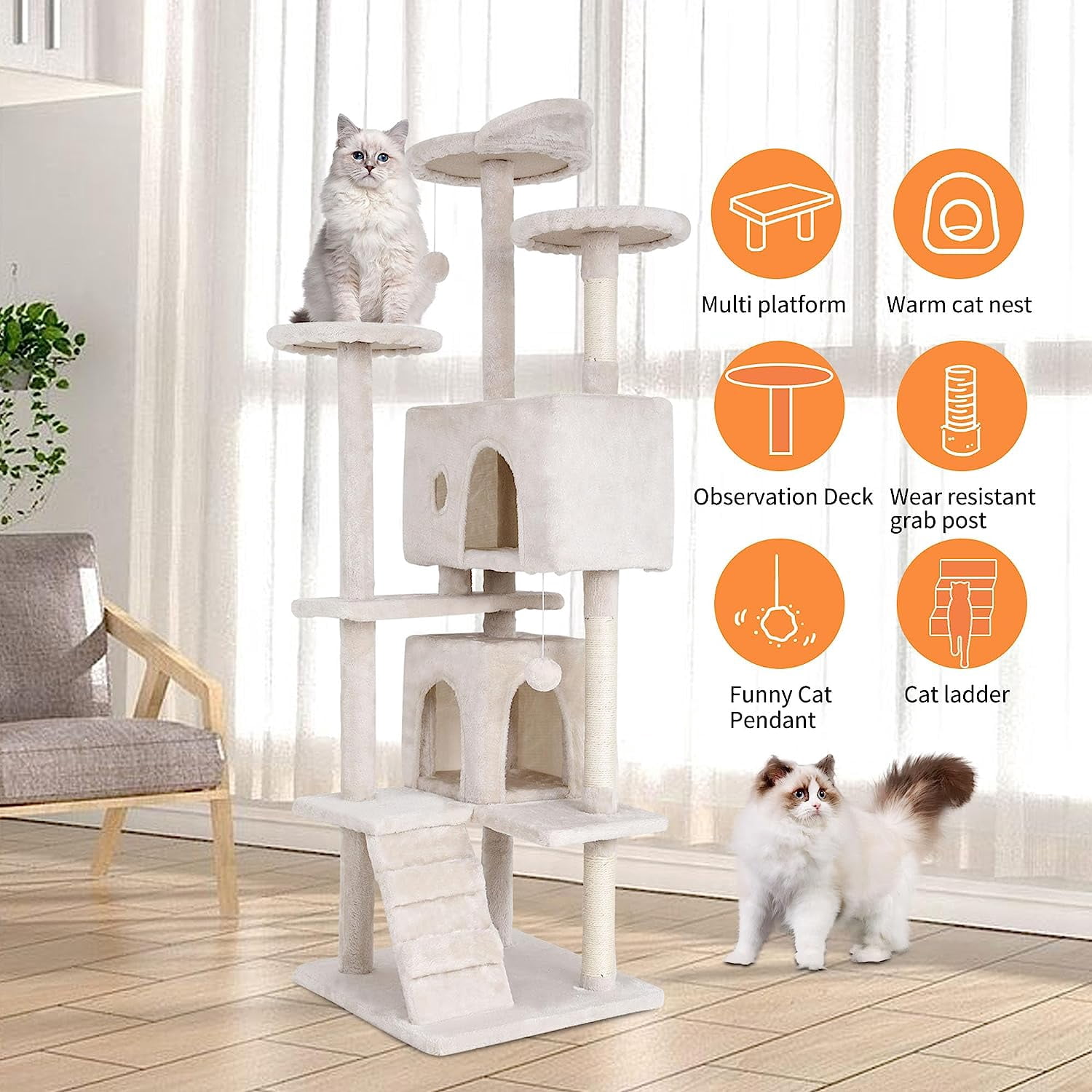 Dkelincs 70"H Large Multilevel Cat Tree, Double Condo Cat Tower with Scratching Post Tower & 3 Top Perches, Beige
