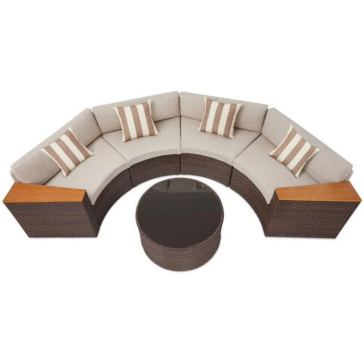 SOLAURA 5-Piece Patio Furniture Outdoor Half-Moon Sectional Sofa Set Patio Brown Wicker Conversation Set with Beige Cushions & Glass Coffee Table