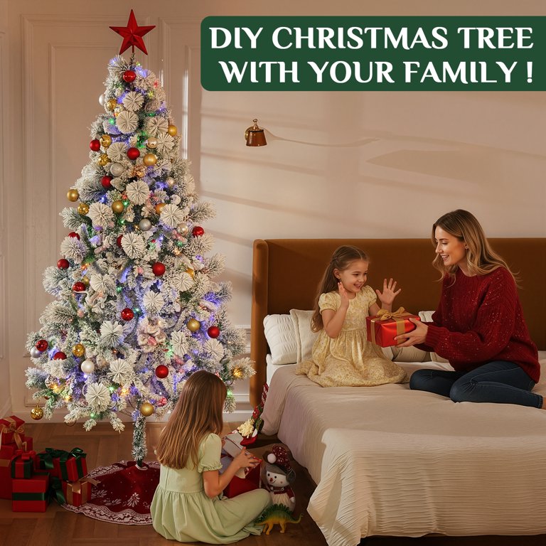 ELONG HOME 7.5ft Pre-lit Flocked Christmas Tree - Colorful Lights, Realistic Snowy Artificial Tree