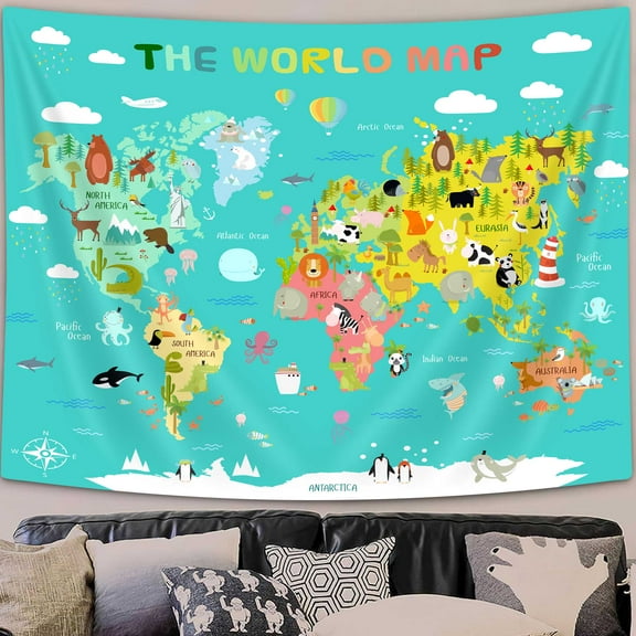 Kids World Map Tapestry, Cartoon Animals Map of World Topography Educational Teal Tapestries Posters for Student Dorm Wall Art Decor, Geographical Travel Map Tapestry for Bedroom Living Room, 40X30in