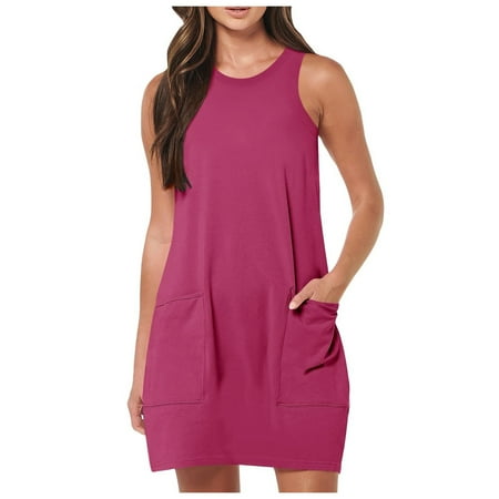 DVKOVI Summer Dresses Womens Solid Sleeveless Mini Tank Dress Casual Workout Sport Tennis Dress with 2 Pockets Round Neck Dress Mini Dress Hot Pink L