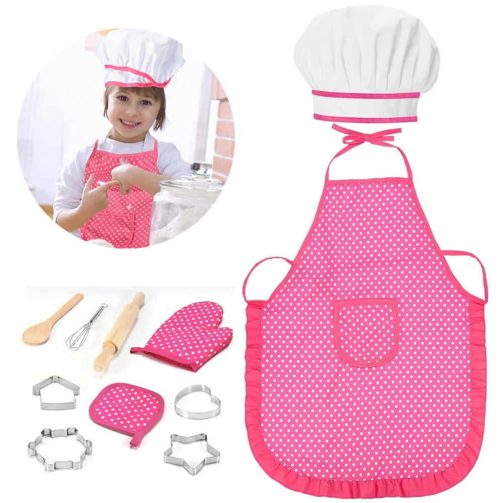 11 pcs Apron for Little Girls Kids Cooking Baking Set Chef Hat Mitt & Utensil fo 