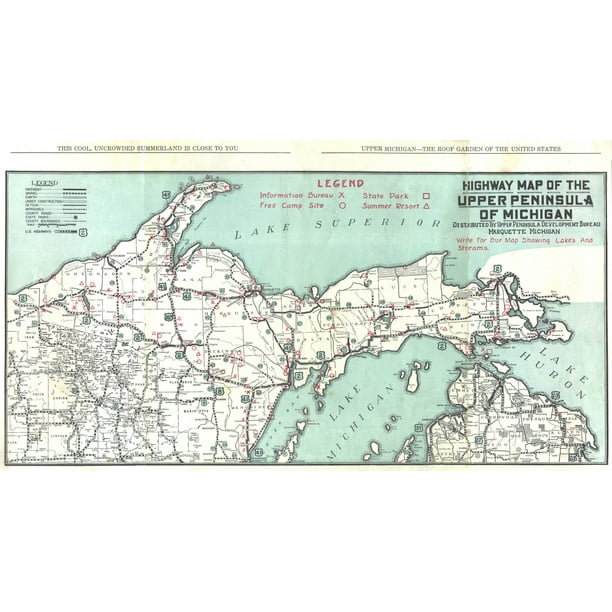 Road Map Of Upper Peninsula Michigan 24X44In Coated Paper Highway Map Of The Upper Peninsula Of Michigan -  Walmart.com