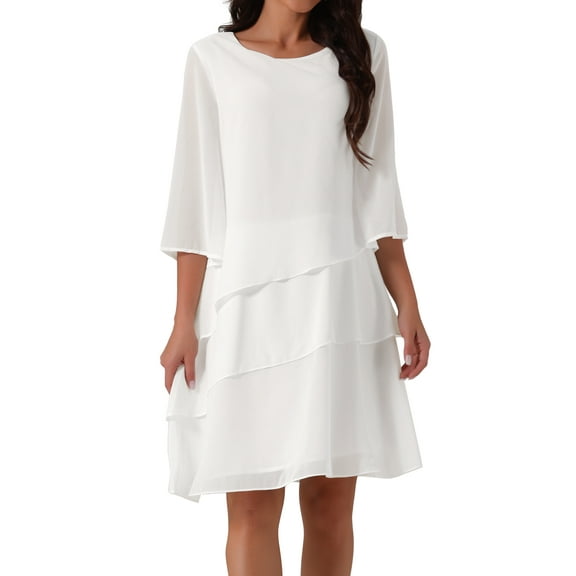 DARING DIVA Chiffon 3/4 Sleeve Tiered Layered Flowy Dress S White