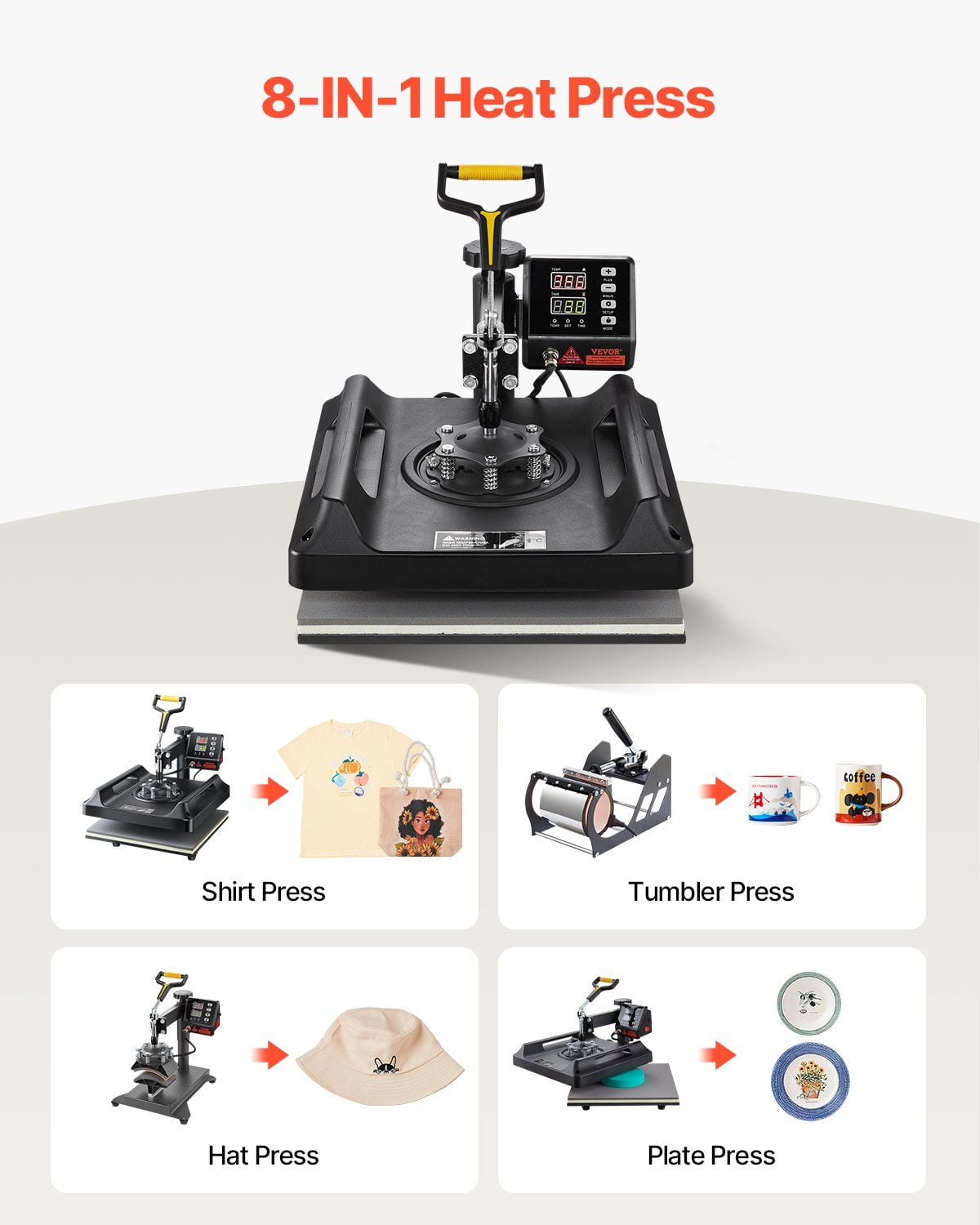15x15 Inch Sublimation Heat Press Machine - 8-in-1 Combo with Mug, Hat & Plate Press Attachment (Black, Digital Control)