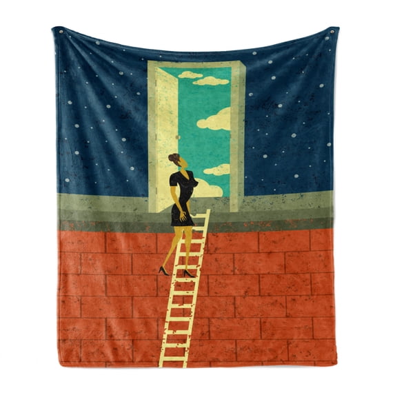 Retro Soft Flannel Fleece Blanket, Young Woman Climbing the Ladder Day in the Night Surreal Artwork with Distressed Look, Cozy Plush for Indoor and Outdoor Use, 50" x 70", Multicolor, by Ambesonne