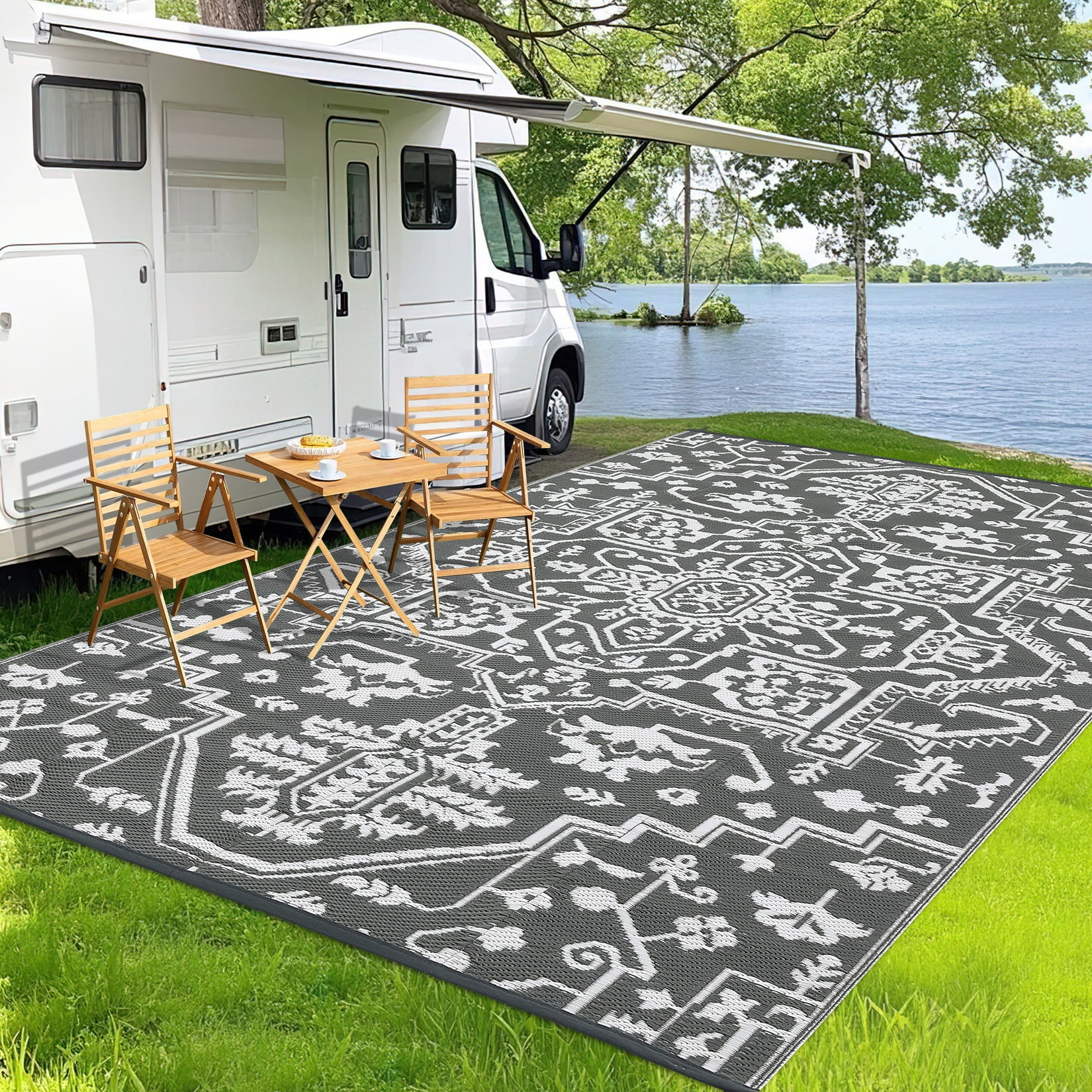 Haperlare 9'x12' Waterproof Outdoor Rug, Reversible Plastic Straw Patio Rug Vintage Medallion Outdoor Carpet, Stain Resistant Portable RV Mat for Balcony, Porch, Picnic, Backyard, Gray and White