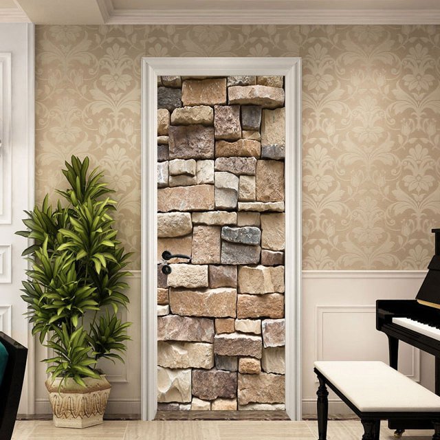 (77x200cm,V) Etiqueta de la puerta Efecto Trompe l'oeil 3D Interior PVC Pegatinas de pared para decoración de la pared Sala de estar Cocina Dormitorio Baño Papel pintado BRI Rojo Verde