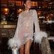 thumbnail image 4 of Vestido transparente de malla de plumas sexy para mujer Vestido de fiesta brillante con lentejuelas de moda Mini vestido de manga larga - Blanco, 4 of 6