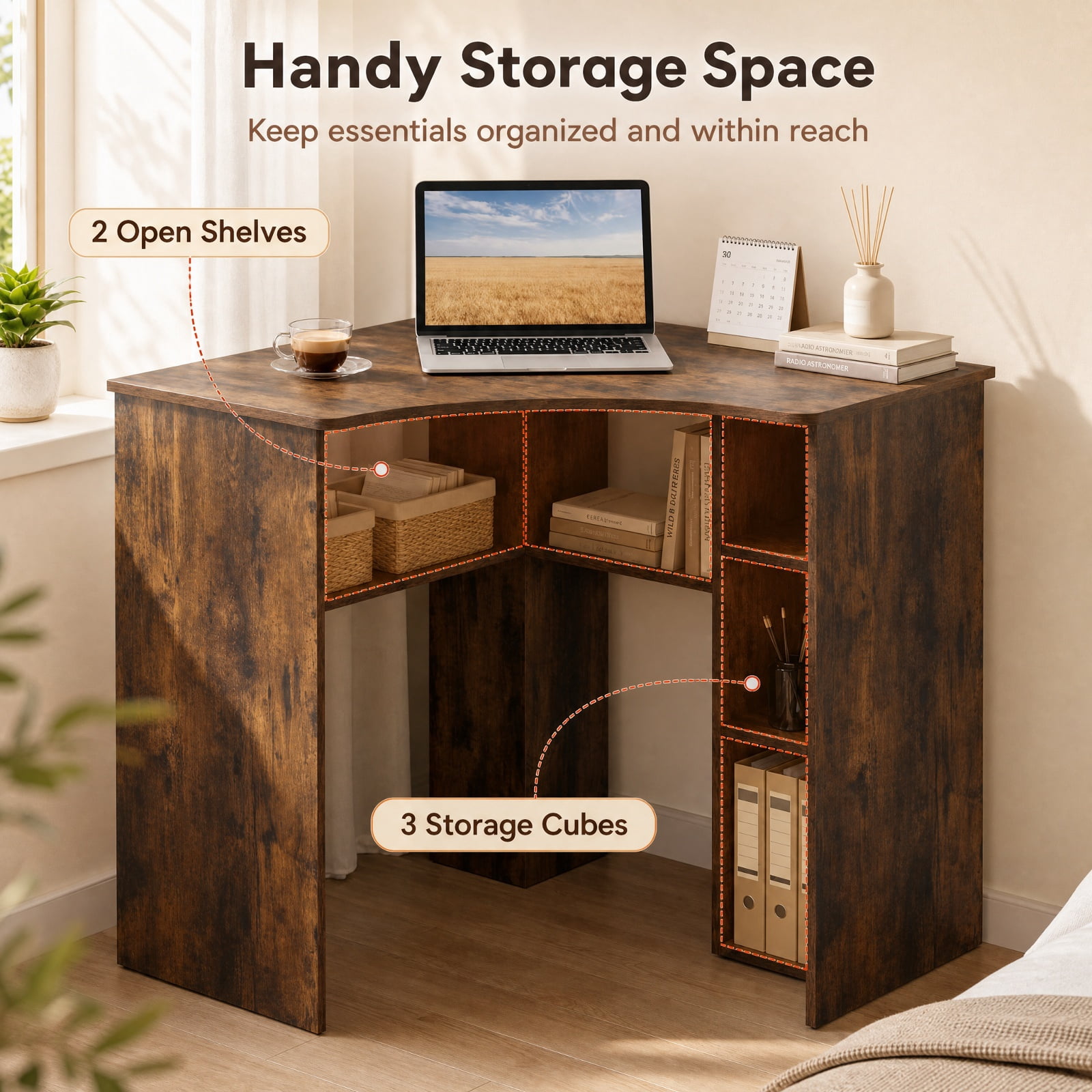 Furnibear Corner Computer Desk with Adjustable Shelf and Arc-Shaped Profile Triangle Home Office Desk with 5 Shelves for Study, Rustic Brown