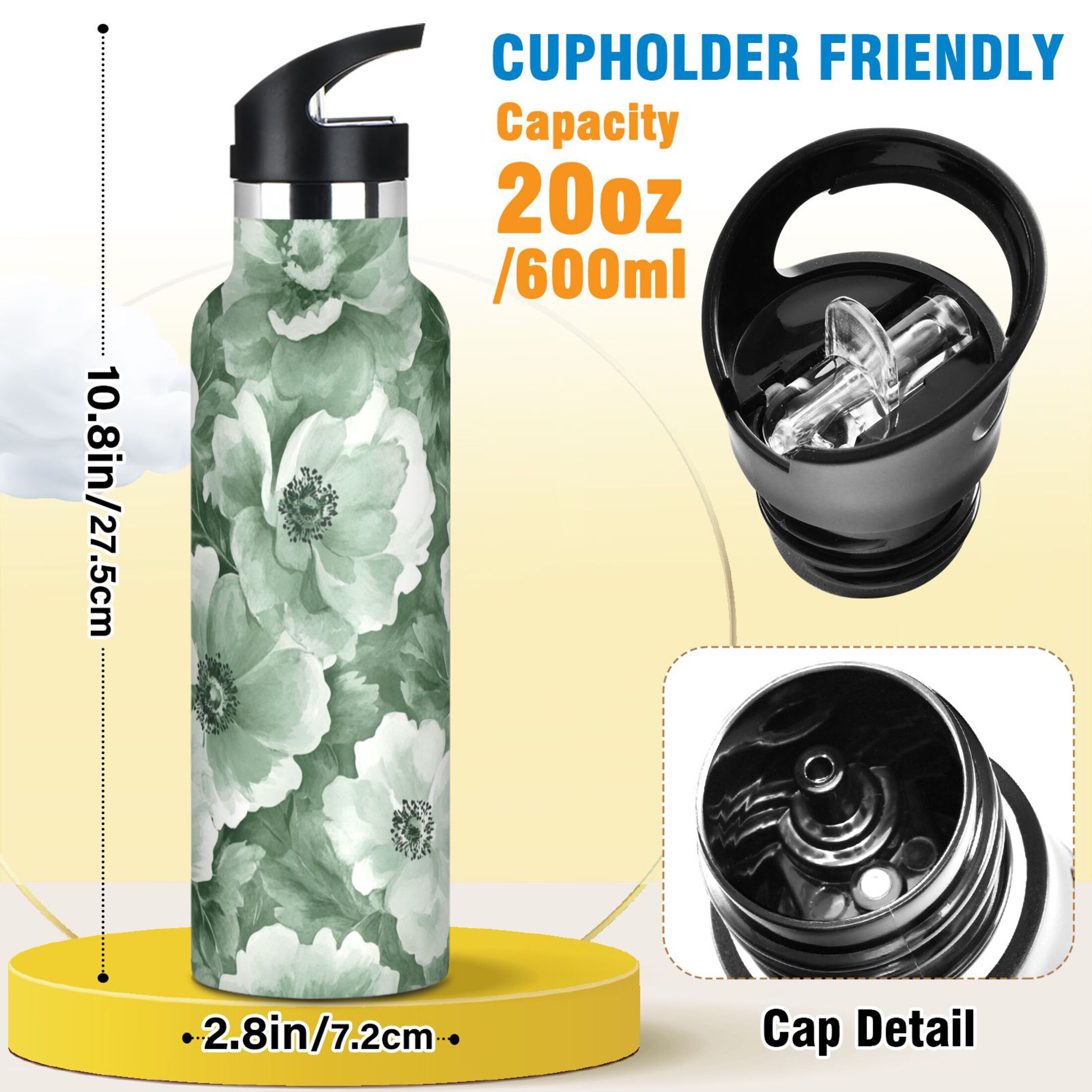 600ML Stainless Steel Insulated Cup Sports Water Bottle Portable Thermos Cup Water Glasses Insulated Tumblers Convenient and Durable Vibrant Green Flowers