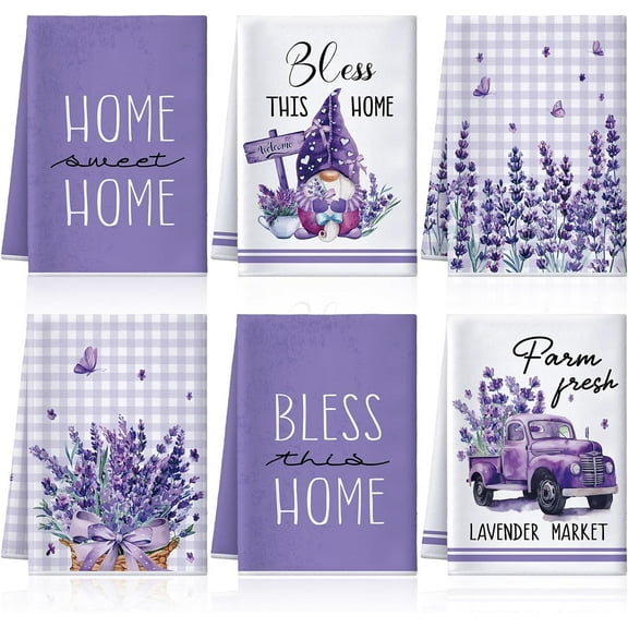 6 Pcs Lavender Summer Kitchen Towel Set Funny Housewife Farmhouse Rustic Bath Hand Towel for Holiday Bathroom Gift, 18 x 26 inches(Purple,Lavender)