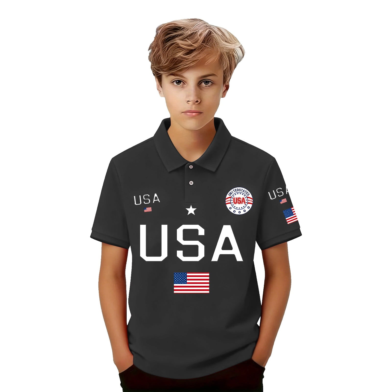 CPNG Kids 250th Anniversary Shirt Comfortable Fashion Letter Pattern Print Short Sleeve Loose Lapel Buttoned Shirts(Black 9-10 Years)