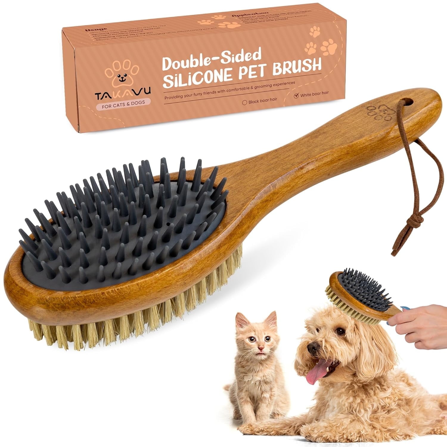 Takavu Double-Sided Deshedding Brush with Silicone Massage & Boar Bristle Sides for Short Hair Dogs & Cats, Wooden Handle