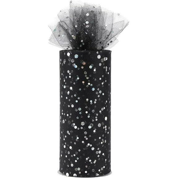 25 Yards 6 Inch Wide Black Glitter Tulle Roll Silver Sequin Netting Mesh Ribbon Rolls Sheer Net Sparkly Fabric Ribbons Bulk Spool for Sewing Making Tutu Skirt Wedding Crafts Gift Wrapping