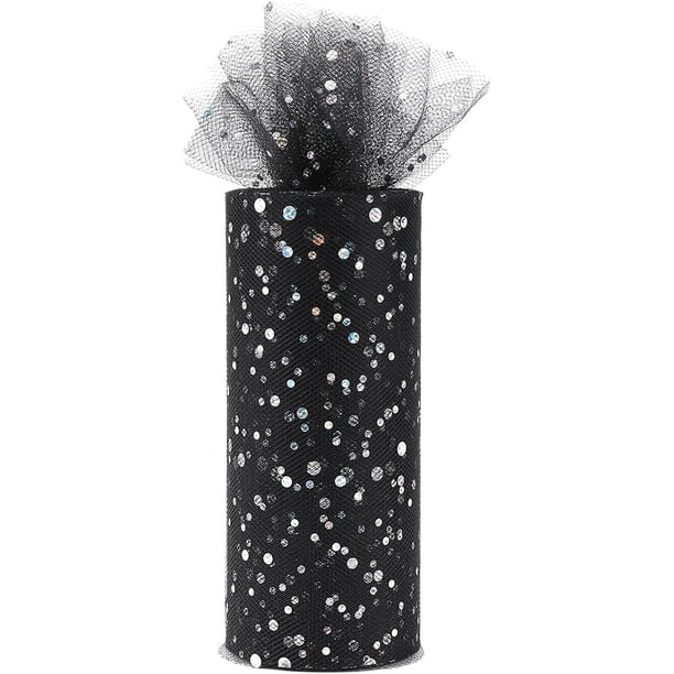 Rollo de tul negro brillante de 25 yardas y 6 pulgadas de ancho, rollo de cinta de malla con lentejuelas plateadas, red transparente, cintas de tela brillantes, carrete a granel