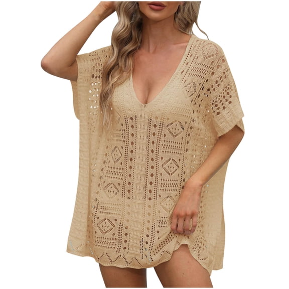 SELONE Sand Cloud Cover up Women Summer Tops Short Sleeve Cutout Bathing Suit V Neck Short Beach Swimwear Beige