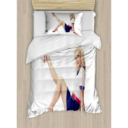 Pin up Girl Twin Size Duvet Cover Set, Lady in Navy Style Short Skirt and White Shirt with Red Belt and High Heel, Decorative 2 Piece Bedding Set with 1 Pillow Sham, Multicolor, by Ambesonne