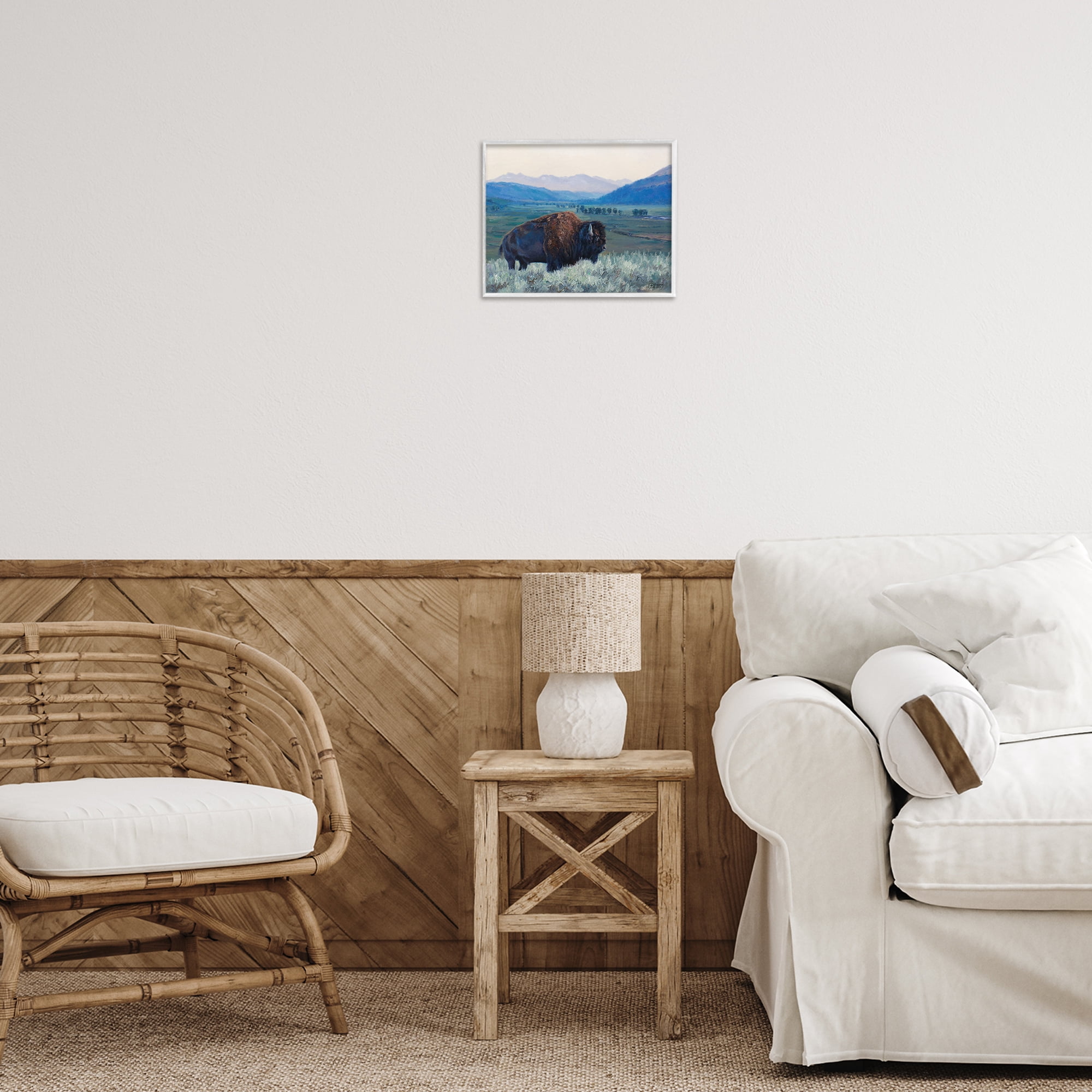 Stupell Industries Bison & Country Mountains Animals & Insects Painting White Framed Art Print Wall Art, 14 x 11