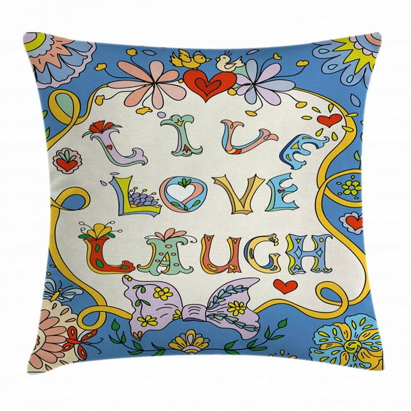 Live Laugh Love Decor Throw Pillow Cushion Cover, Colorful Floral Fantasy Design Frame Doodles Swirls Festive Romantic, Decorative Square Accent Pillow Case, 16 X 16 Inches, Multicolor, by Ambesonne