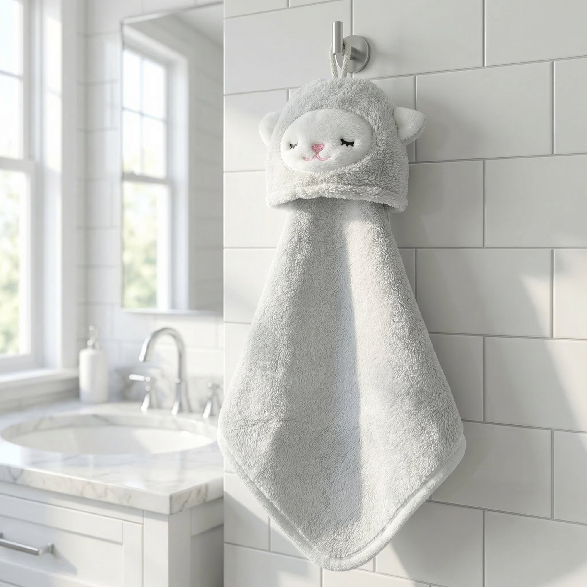 Unique Bargains Animal Hanging Soft Absorbent Hand Towel Green Lamb 15" x 8"