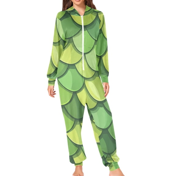 Green Dragon Scales Adult's Hoodie Onesie Jumpsuit One-Piece Pajamas with Zipper Unisex for Holiday S