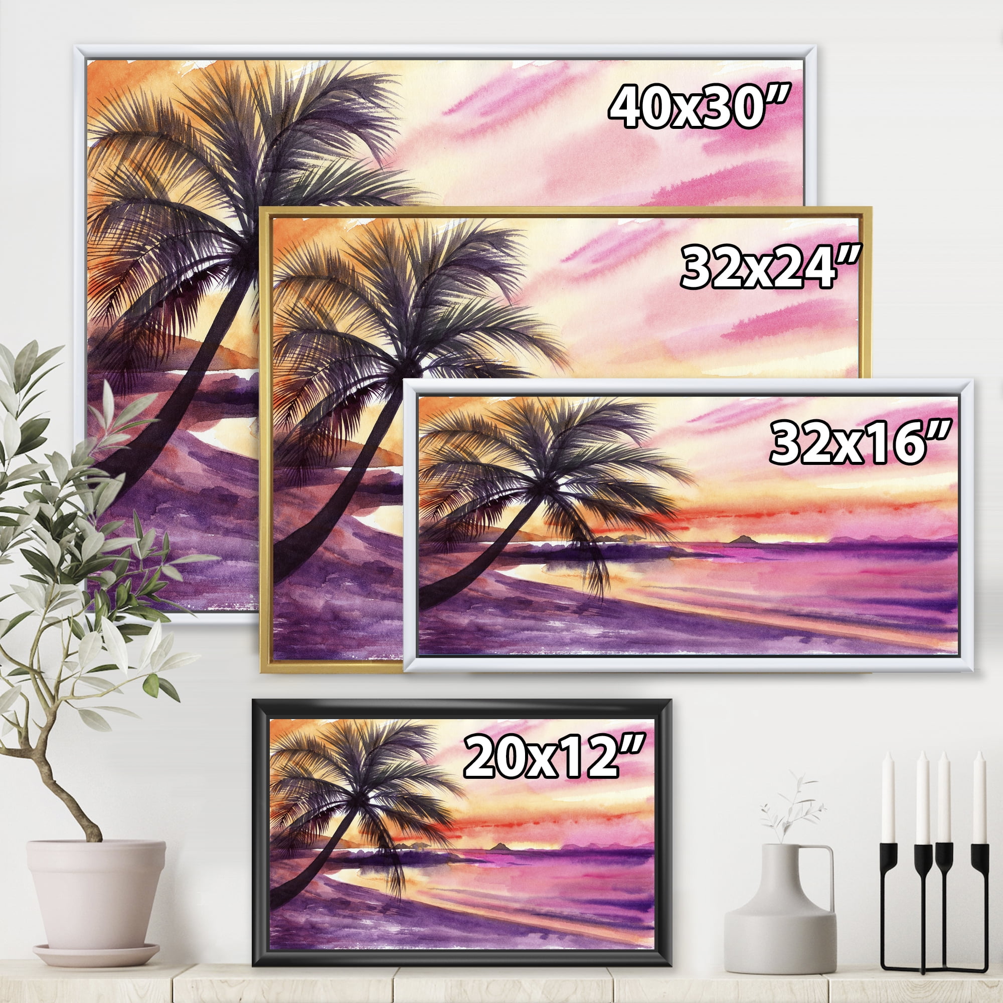 Designart 'Purple and Pink Palm Beach Sunset' Nautical & Coastal Framed Canvas Wall Art Print