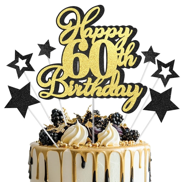 Cake topper OffiCreative Feliz 60.º cumpleaños negro y dorado