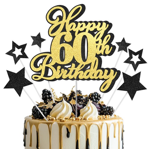 Cake topper OffiCreative Feliz 60.º cumpleaños negro y dorado