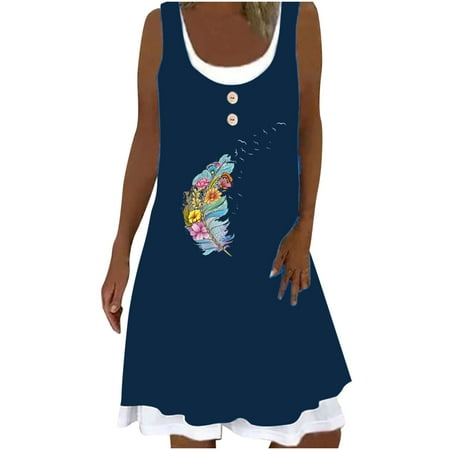 

Inkach Womens Fashion Trend Fake Two-Piece Sleeveless Print Vest Dress