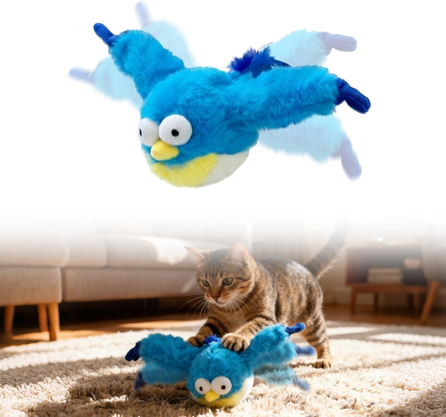 Interactive Chirping Bird Cat Toy,2025 New Flying Bird Cat Toy Flapping Bird Toy,Simulation Chirping Bird Toys Interactive Cat Toys for Bored Indoor Adult Cats (Blue+Light Grey)