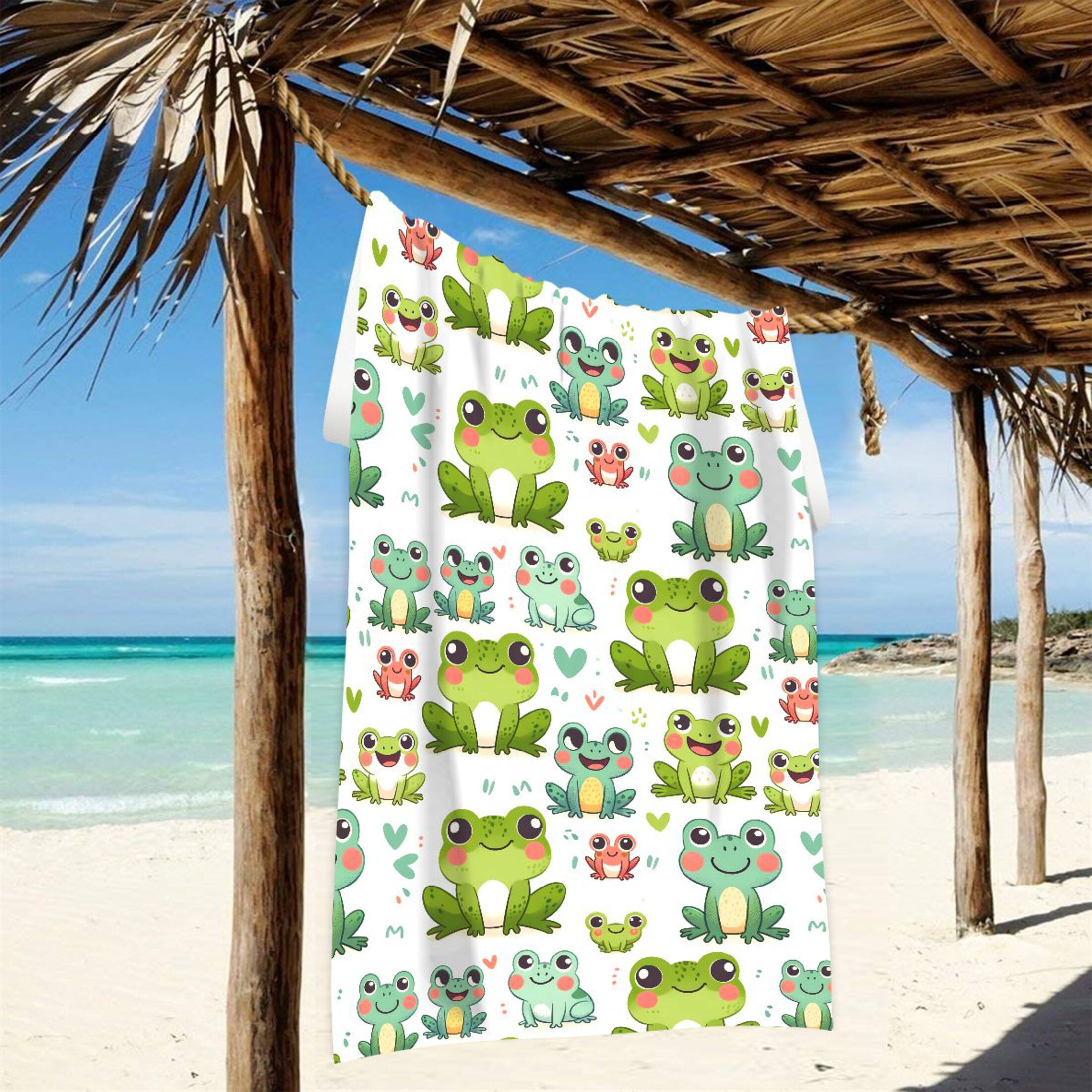 Cute Frogs and Heart Beach Towel Oversized 74"x37" Pool Towels Soft Absorbent Extra Large Quick Drying for Bathroom